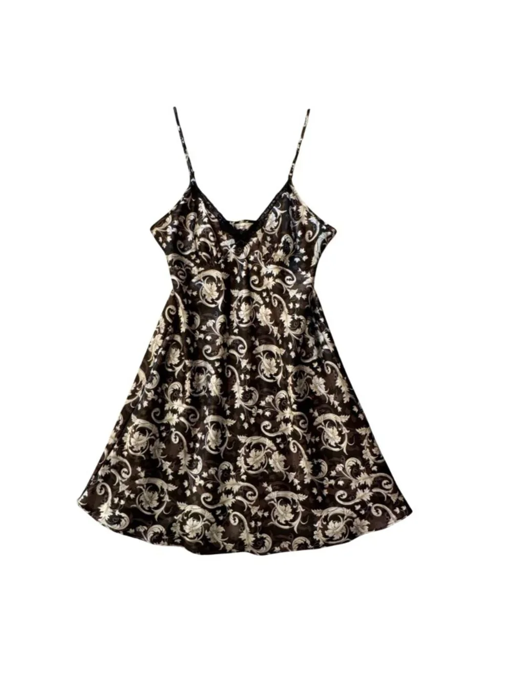 Adonna Black Silver Floral Slip Dress Satin Size M Whimsygoth Coquette Tie Back - Picture 2 of 9